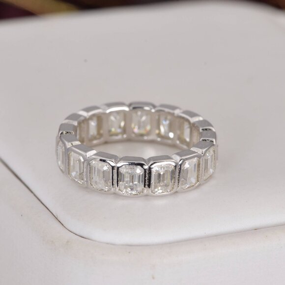 Certified Emerald Cut All Moissanite Full Eternity Ring 925 Sterling Silver - Picture 2 of 6